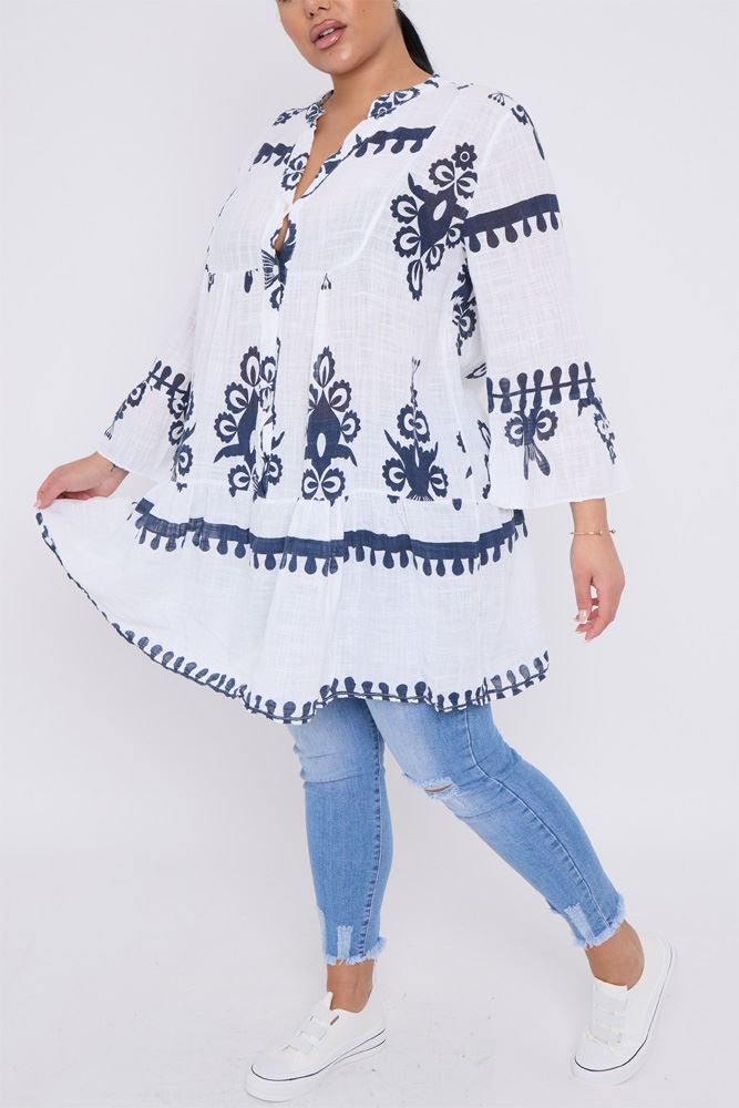 Abstract Print Button Tiered Cotton Dress