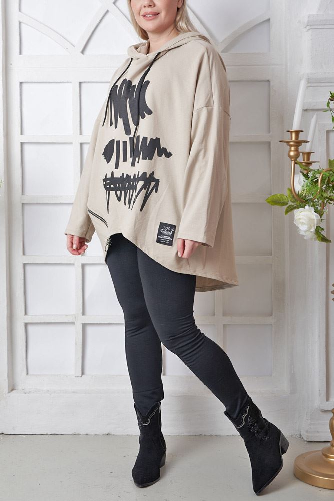 Brush Stroke Print Side Zip Drawstring Cotton Hoody