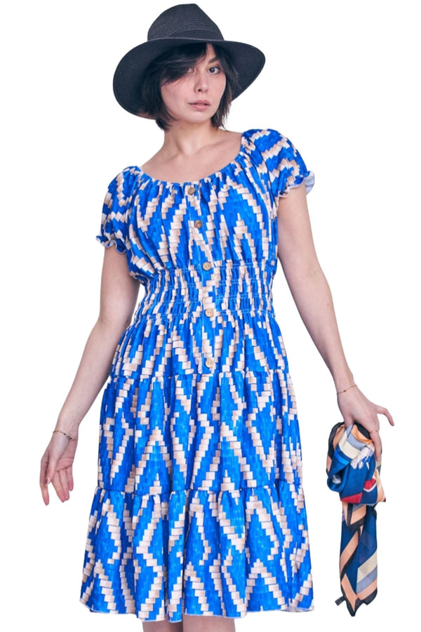 Snake Print Shirred Waist Button Details Dress