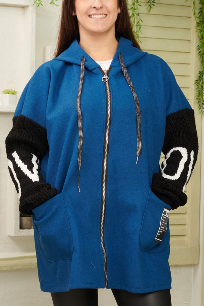 Plain Zip Up Knit Drawstring Hoody