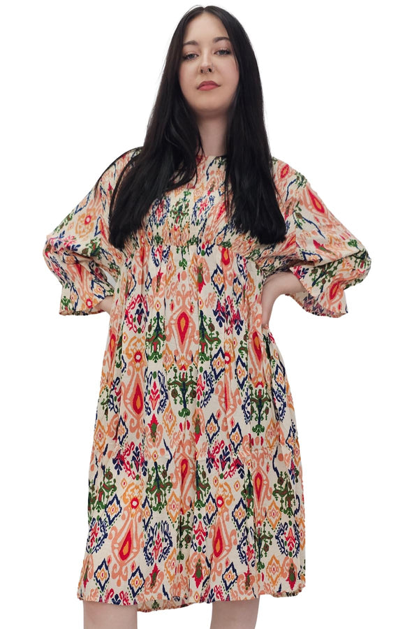 Abstract Aztec Print Oversized Shirred Detail Dress