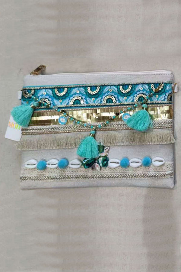 Embellished Shell Tassel Clutch Bag