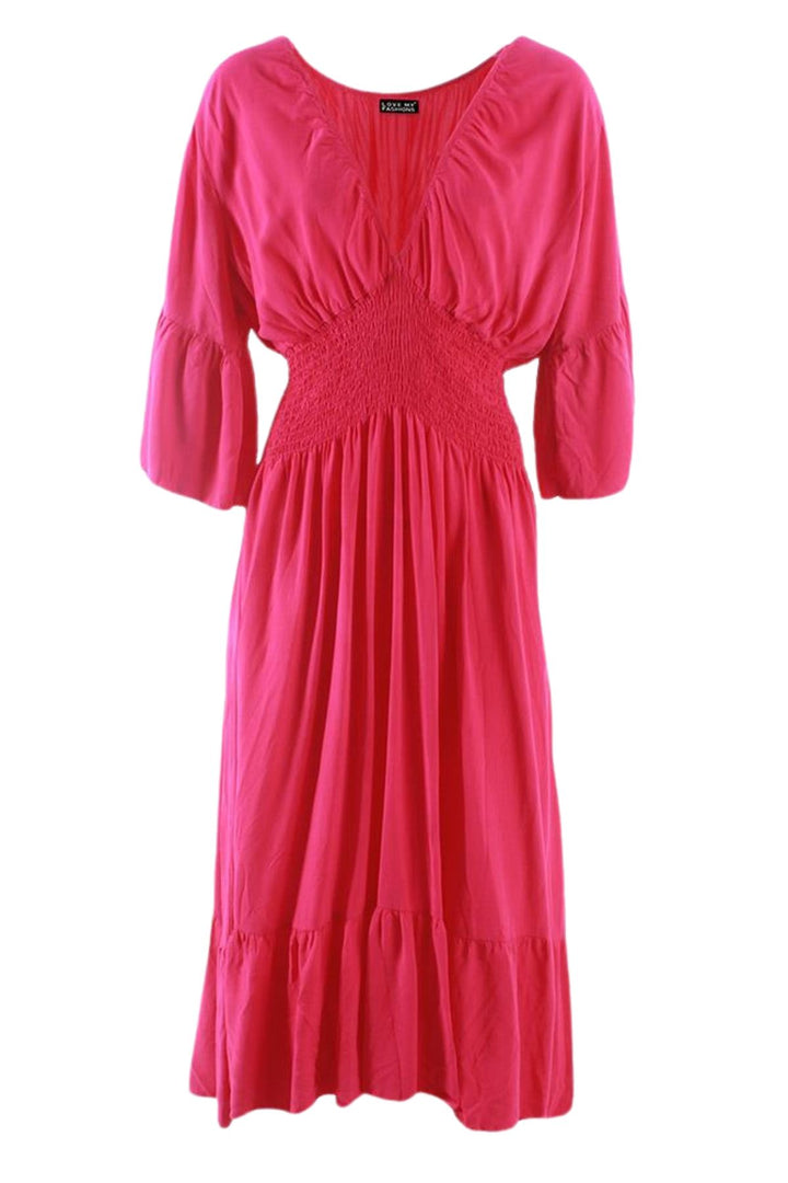 Plain Shirred Waist Flared Sleeves Maxi Dress