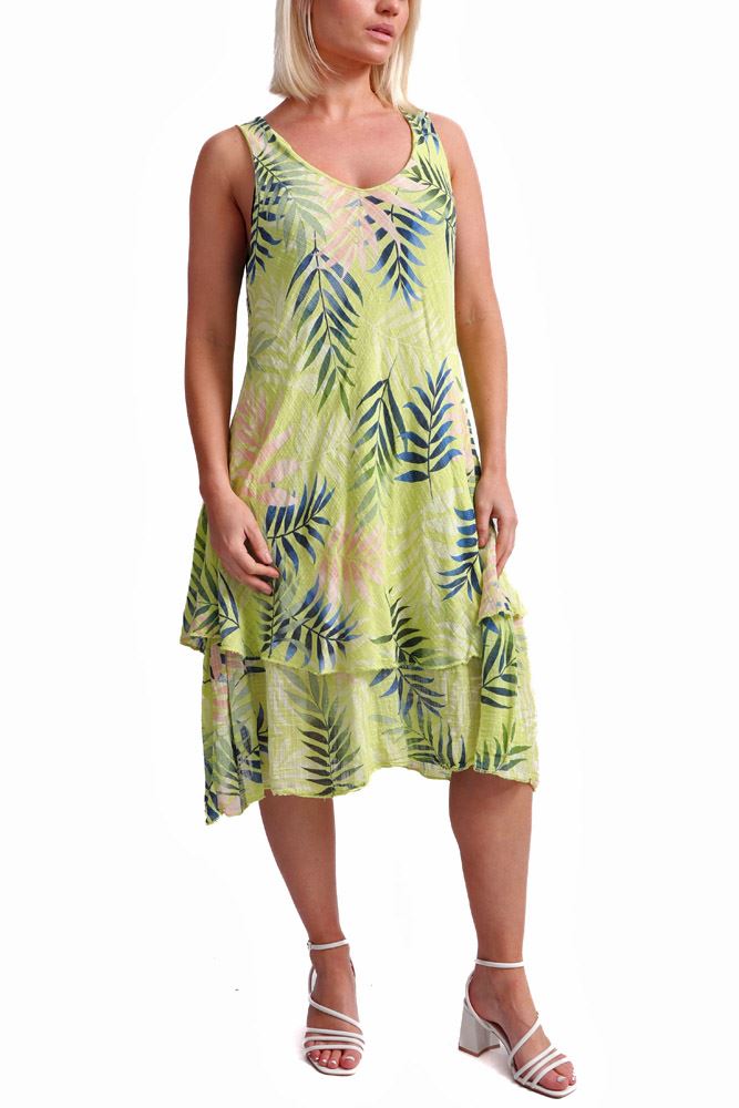 Tropical Leaves Print Layered Hem Cotton Dress