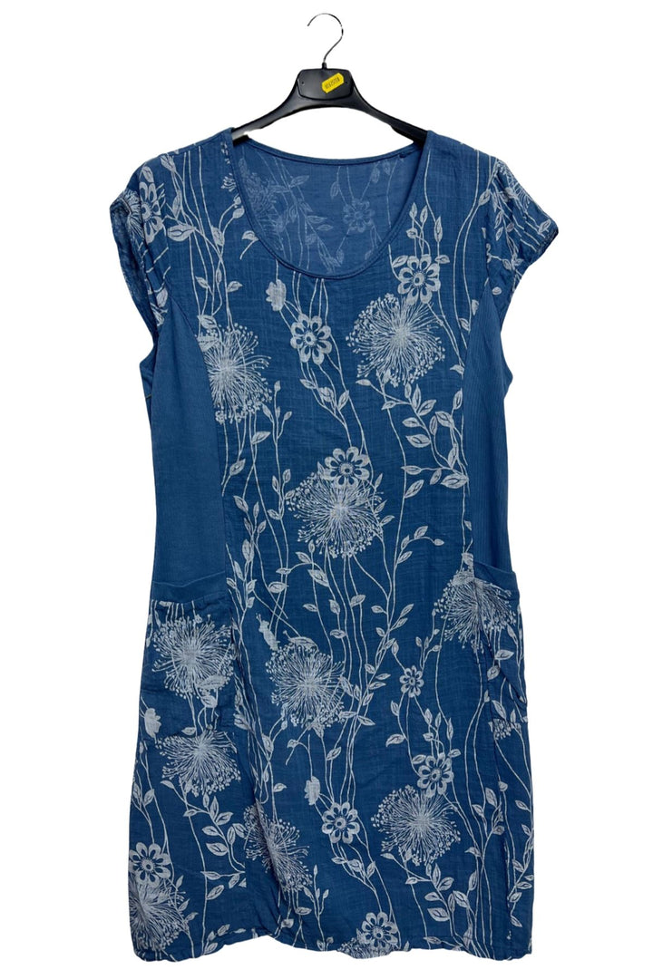 Dandelion Flower Print Front Two Pockets Cotton Dress