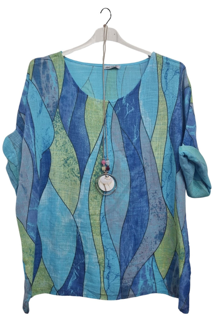 Vertical Waves Print With Necklace Cotton Top