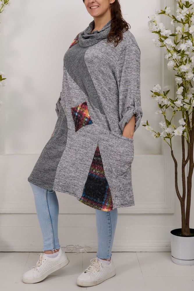 Multi Patch Work Pattern With Scarf Viscose Top