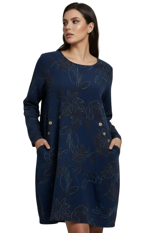 Floral Print Curved Hemline Side Slit Cotton Dress