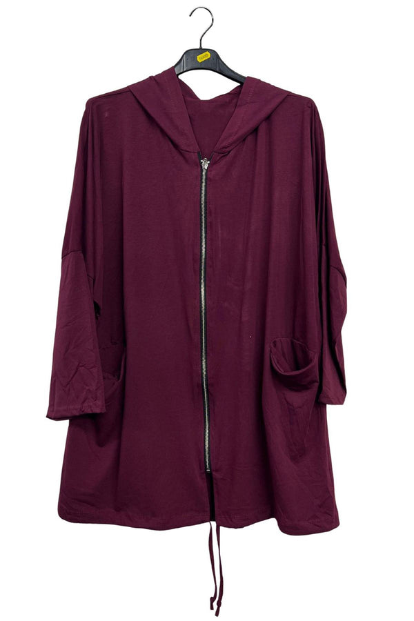 Plain Zip-Front Drawstring Hem Cotton Hoodie