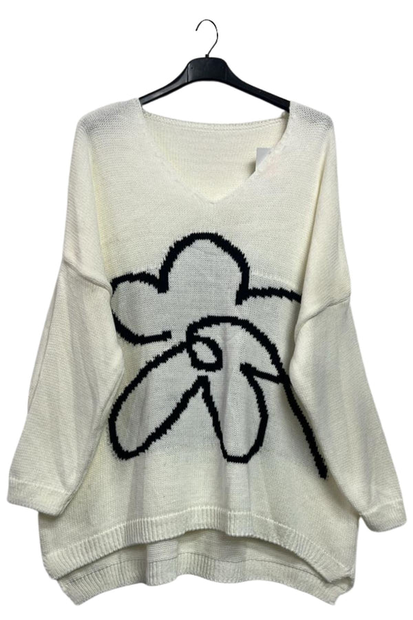 Abstract Floral Pattern Soft Knit High Low Cut Hem Jumper