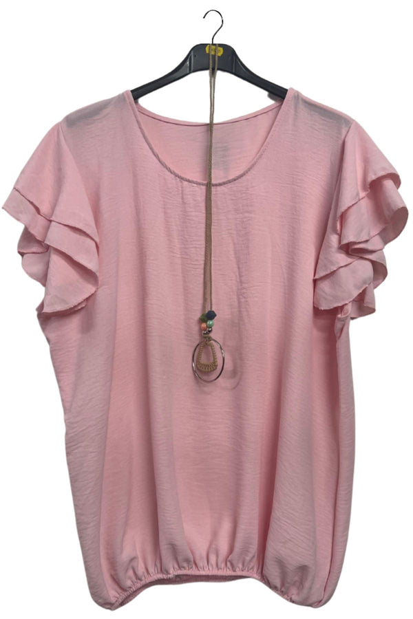 Plain Flutter Sleeves Elastic Hemline Top