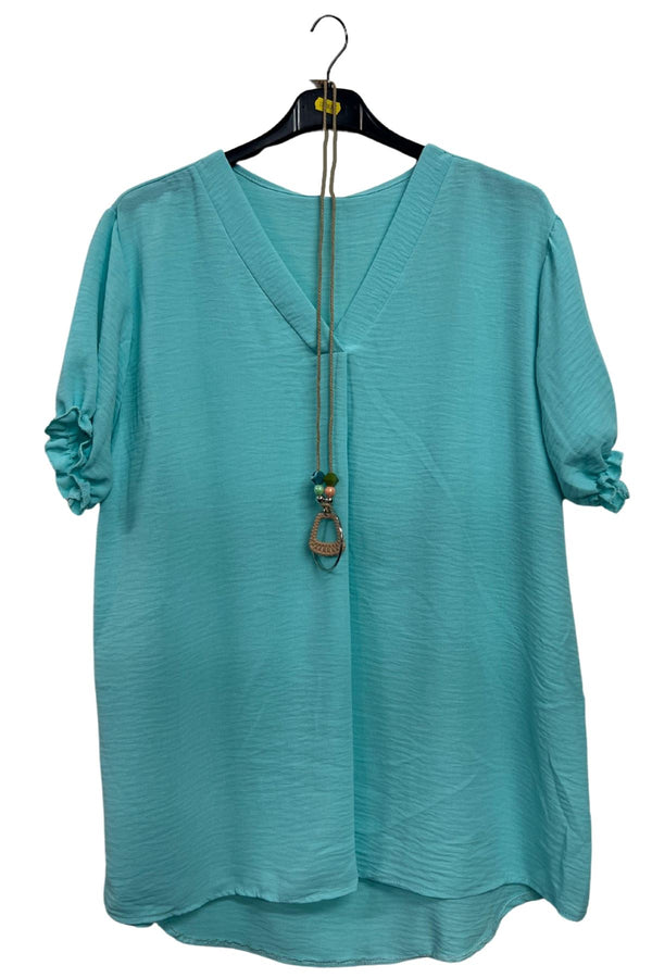 Plain Short Puff Sleeves Necklace Top