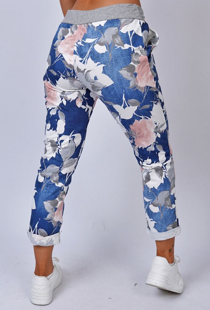 Floral Print Pockets Cotton Trousers