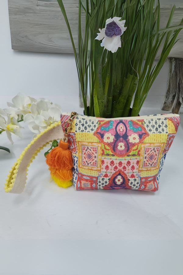 Tribal Print Pom Pom Handle Tassel Hand Bag
