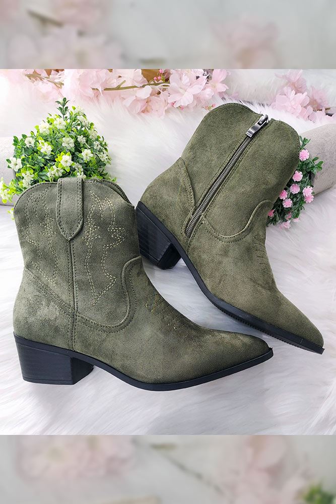 Embroidered Suede Zip Ankle Boot