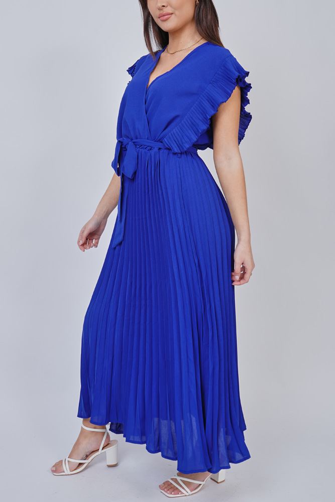 Plain Pleated Wrapover Belted Dress