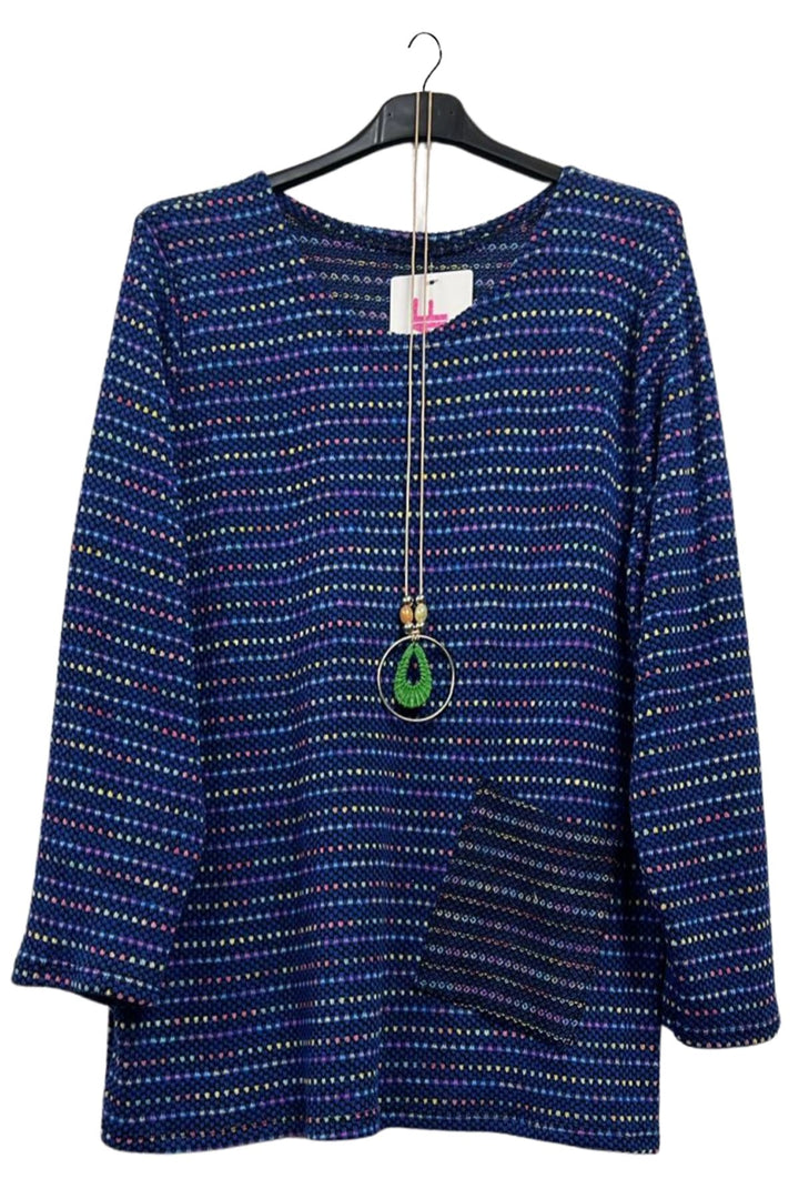 Multicoloured Dots Pattern Soft Knit Front Pocket Top
