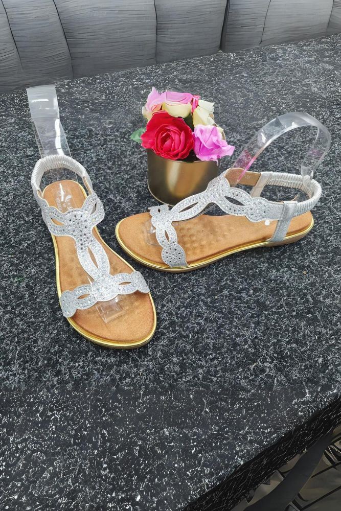 Diamante Open Toe Elastic Strap Flat Sandal