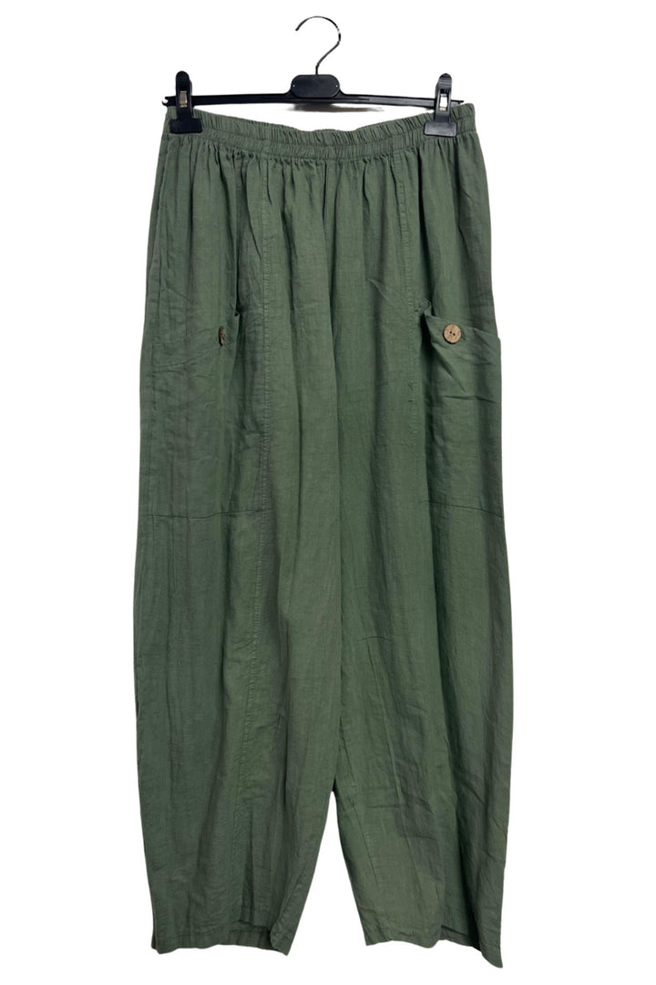 Plain Two Front Pockets Wide Leg Linen Trousers