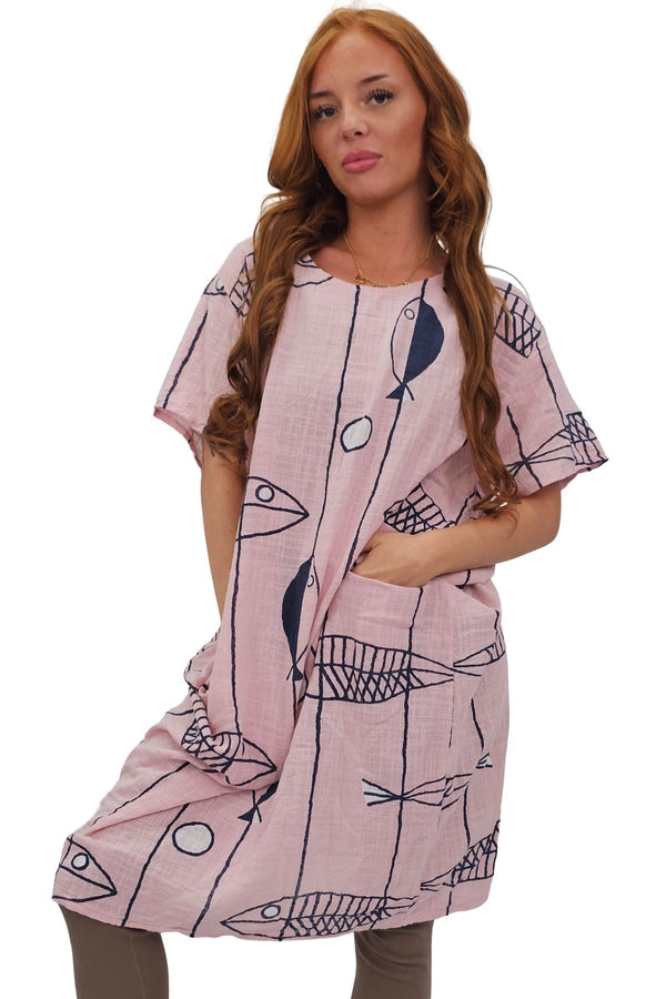 Fish Stripe Print Front Two Pockets Cotton Dress