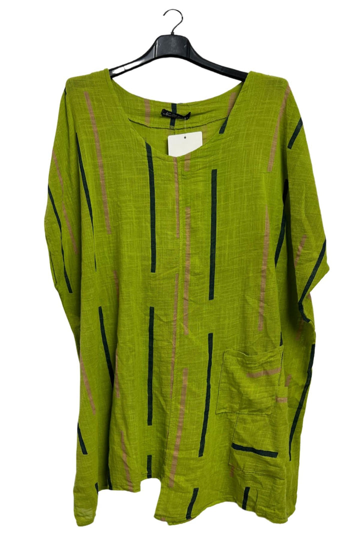 Vertical Diagonal Print Asymmetric Hem Front Patch Pocket Cotton Top