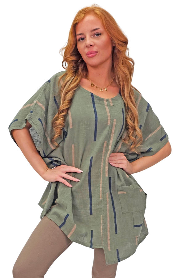 Vertical Diagonal Print Asymmetric Hem Front Patch Pocket Cotton Top
