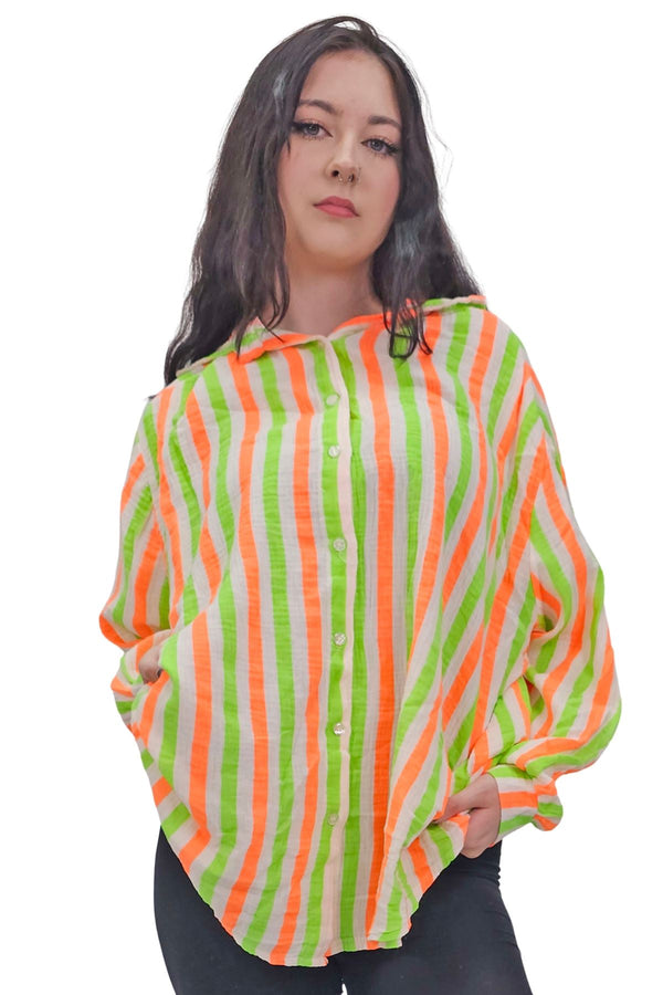 Vertical Stripes In Alternating Shades Button-Down Cotton Shirt
