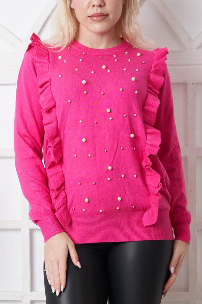 Pearl Studded Ruffle Knitted Viscose Top