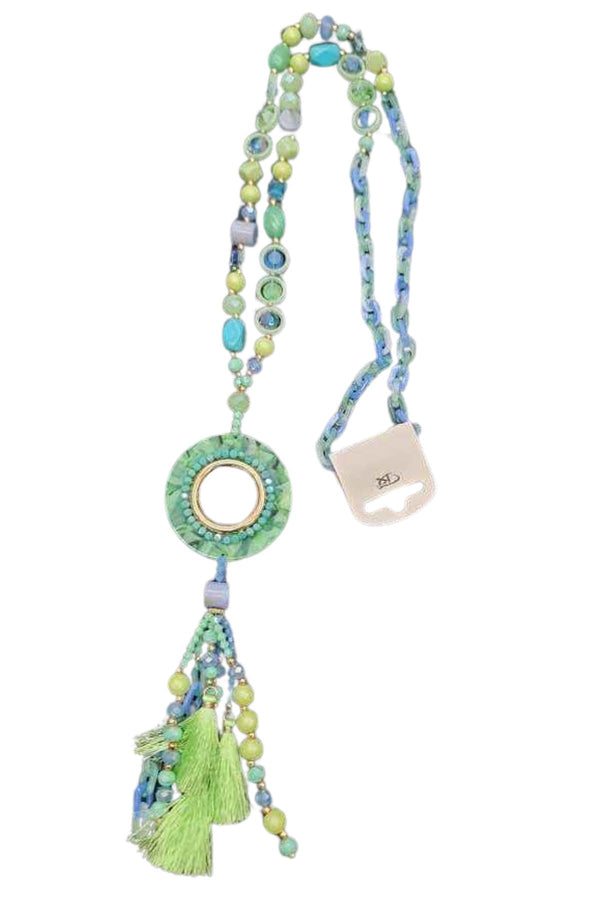 Round Pendant Beaded Tassel Necklace