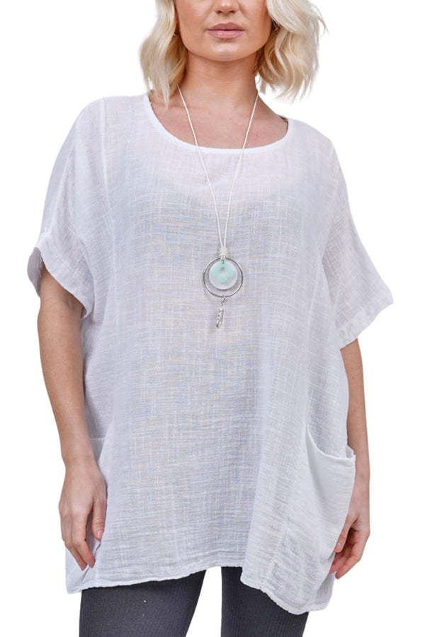 Plain Pockets Cotton Necklace Top