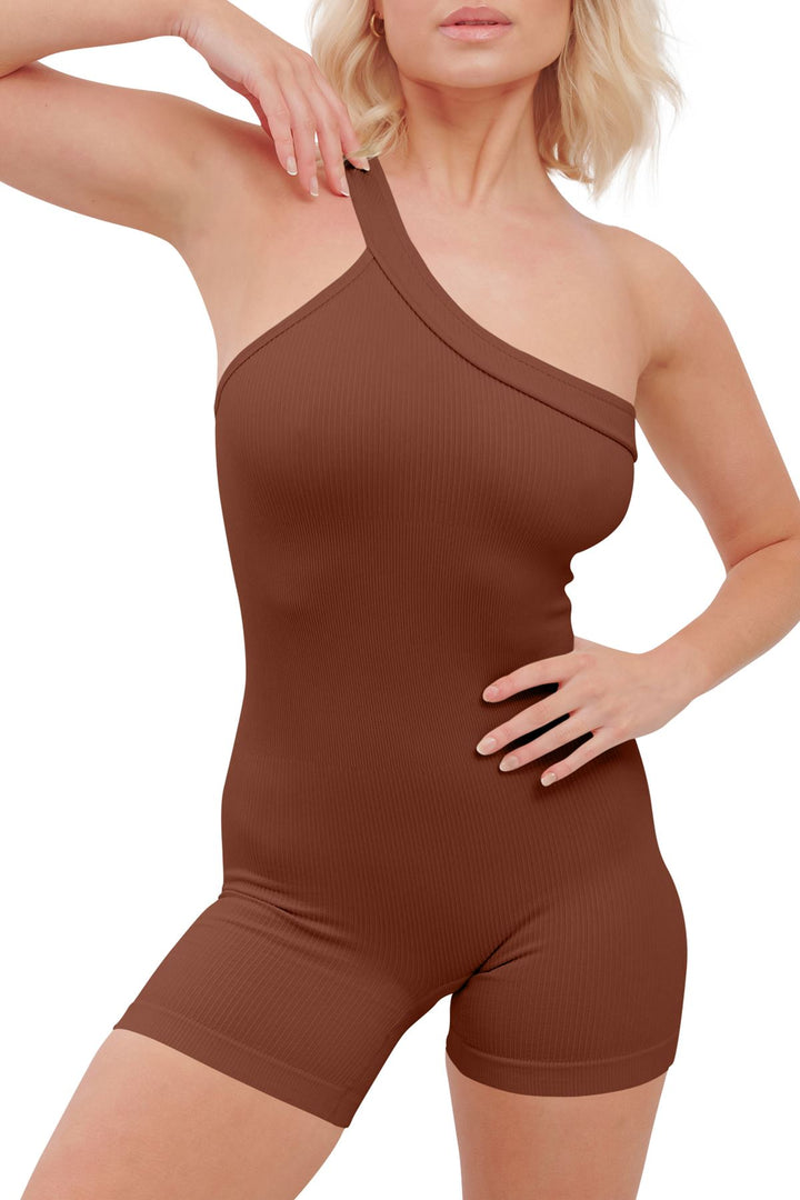 Special Price Plain One Shoulder Seamless Ribbed Nylon Jumpsuit