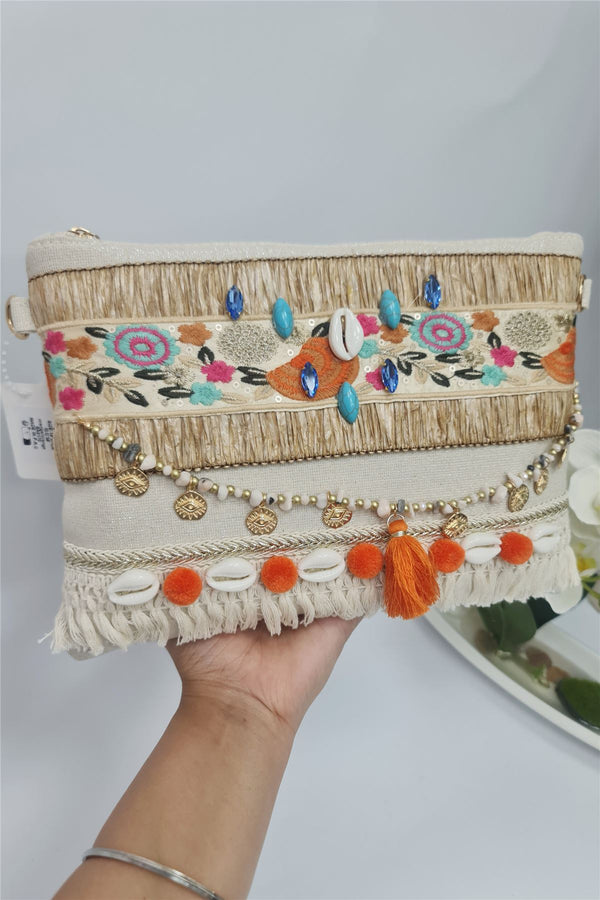 Floral Design Embroidered Shells Tassels Embroidered Clutch Bag