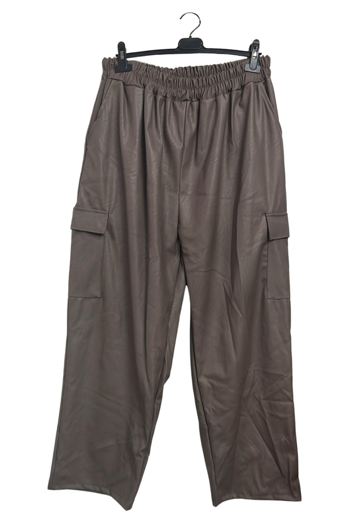 Plain Faux PU Leather Wide Leg Cargo Trousers
