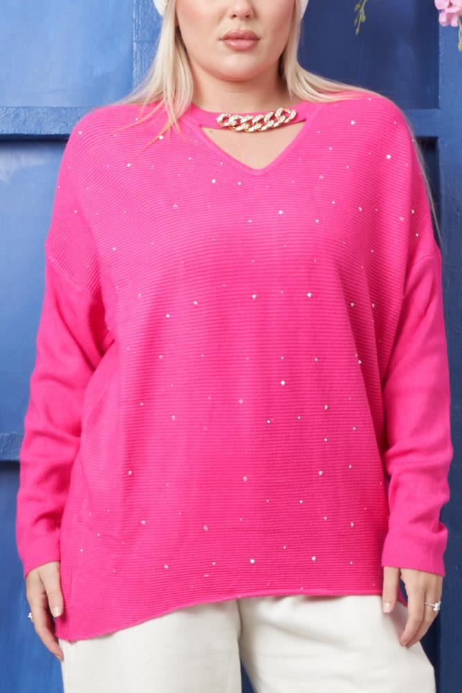 Diamante Chain Detail Knit Tunic Viscose Top