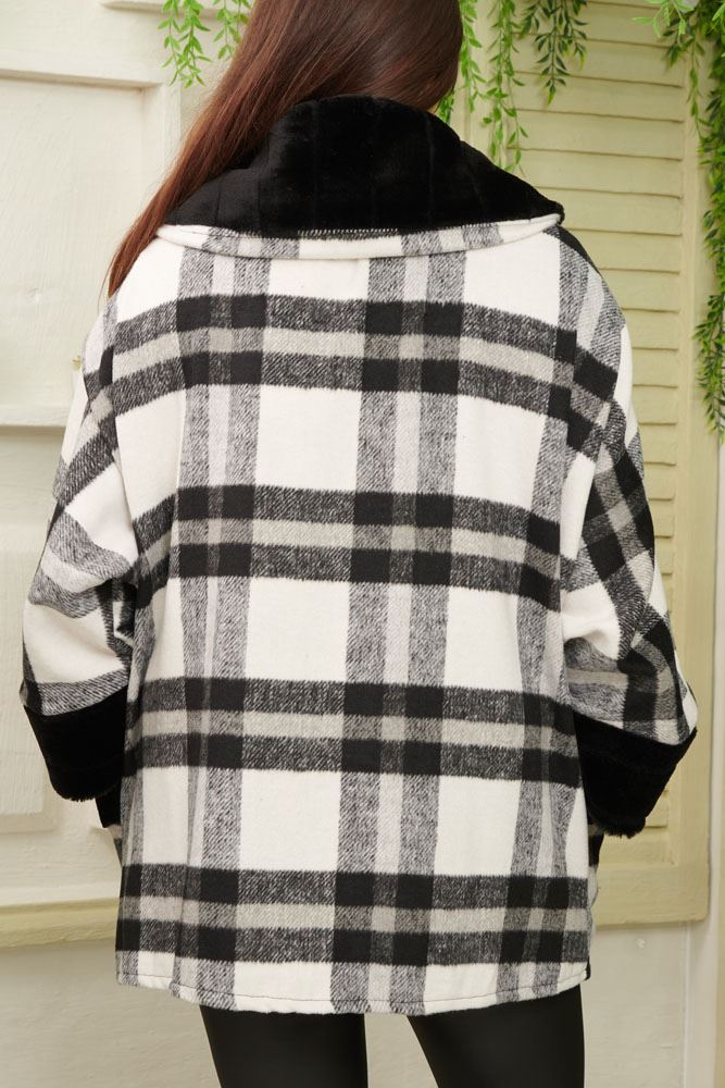 Check Print Faux Fur Zip Up Knit Jacket