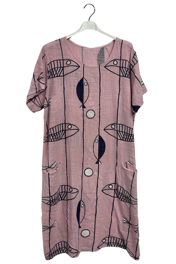 Fish Stripe Print Front Two Pockets Cotton Dress