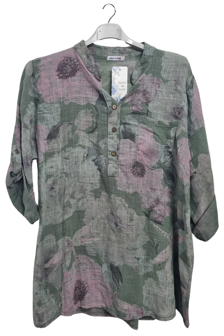 Floral Print Chest Pocket Oversized Tunic Cotton Top