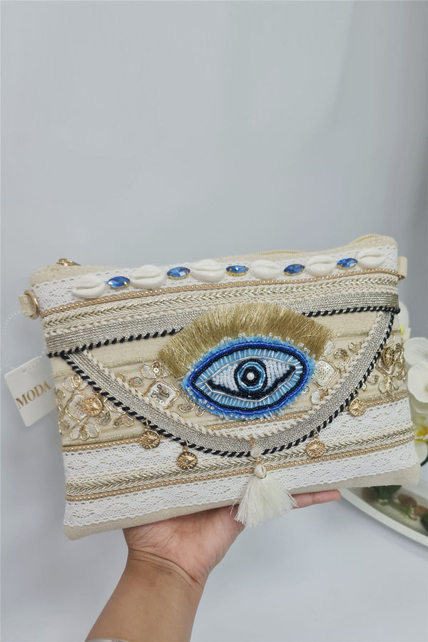 Embroidered Eye Shell Tassel Clutch Bag