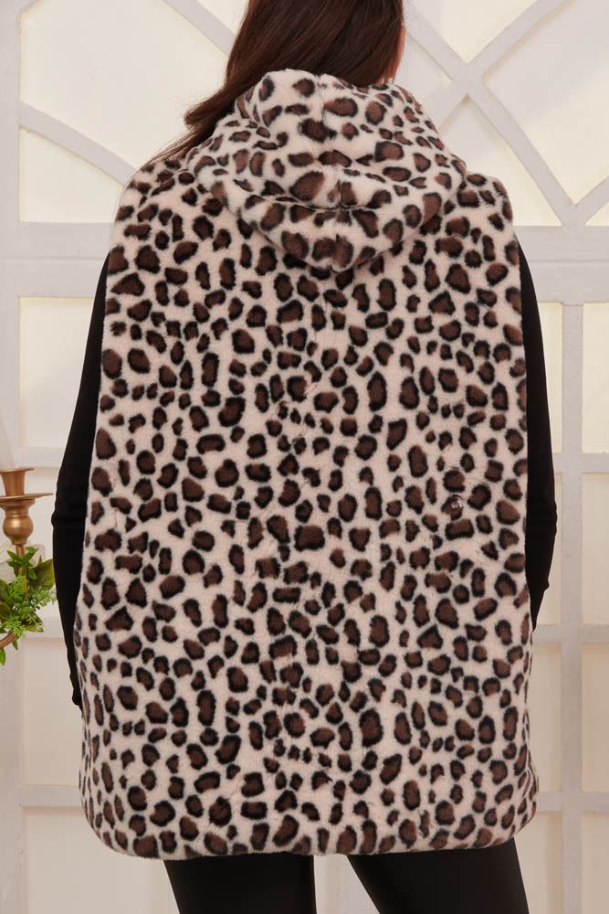Leopard Print Soft Feel Fux Fur Hooded Gilet