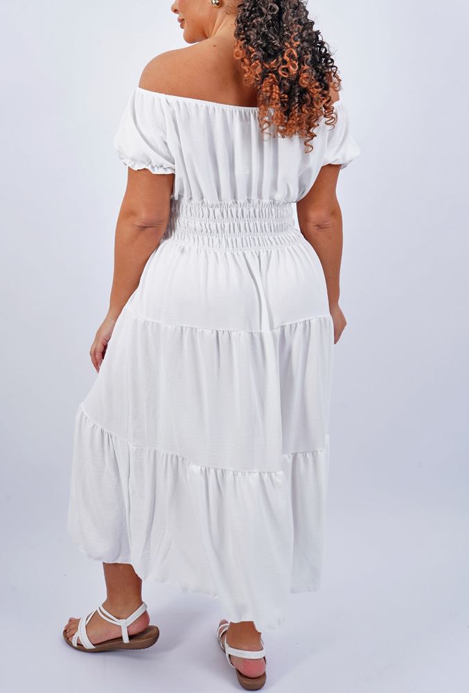 Plain Shirred Waist Tiered Dress