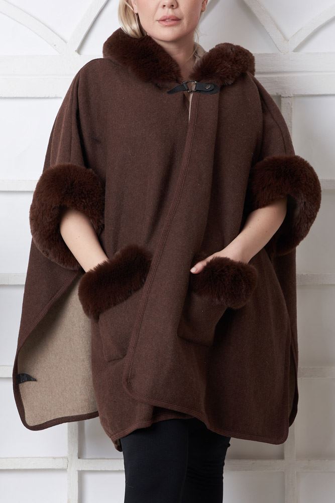 Plain Faux Fur Trim Pocket Poncho