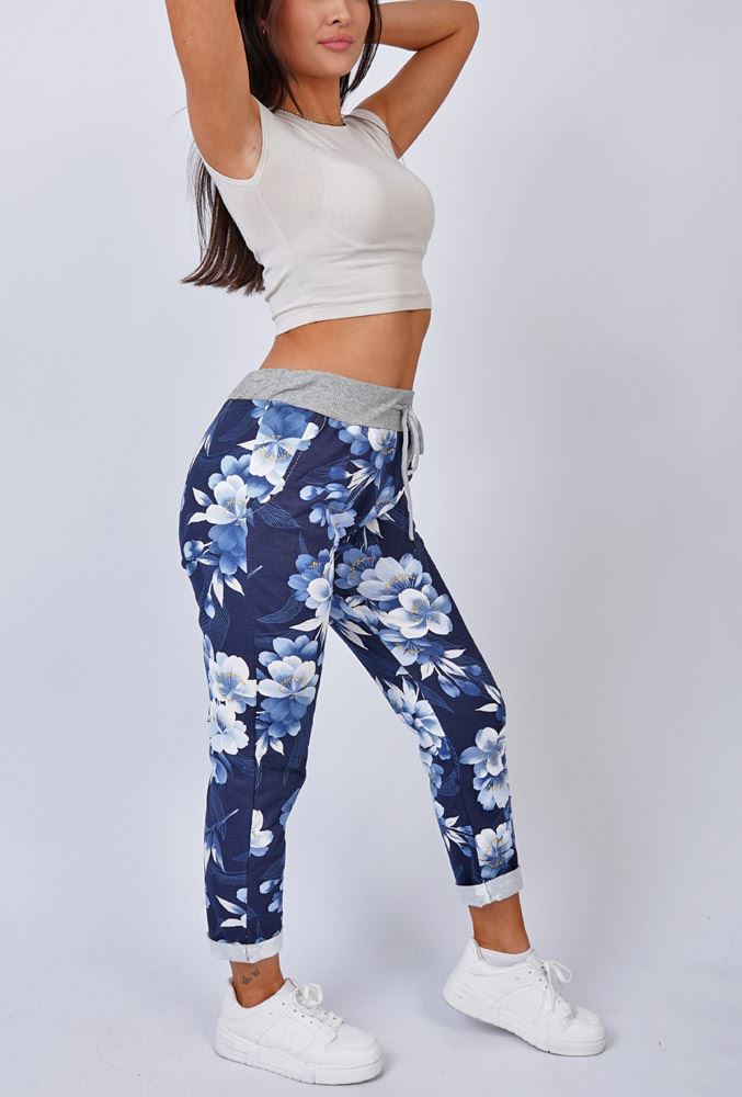 Floral Feather Print Pockets Cotton Trousers