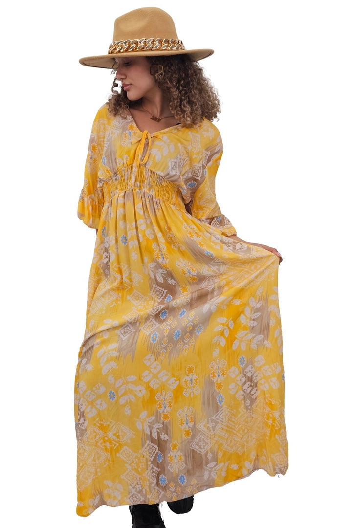 Leaves Print Gathered Waist Dress