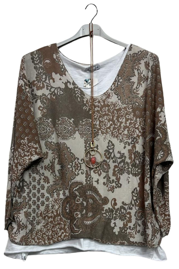 Paisley Print Layered Hem Necklce Cotton Top