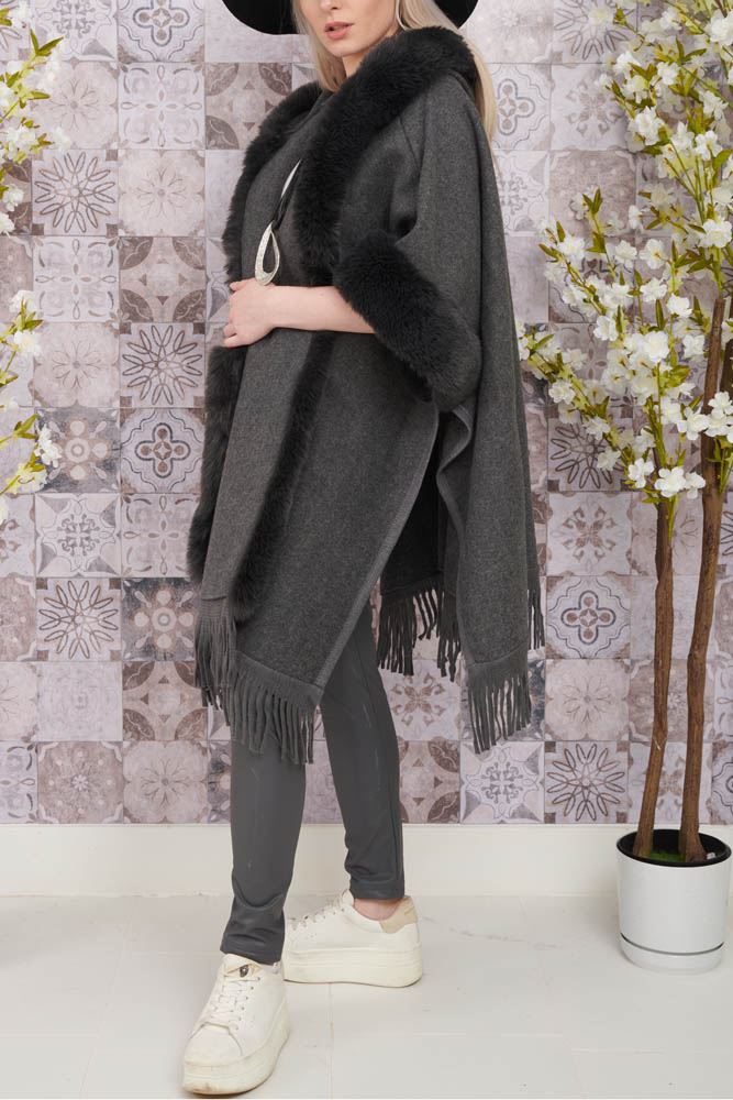 Plain Faux Fur Tassel Hem Cardigan