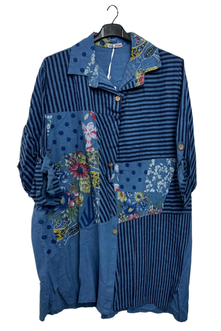 Vertical Stripes Polka Dot Print Full Front Buttons Linen Shirt