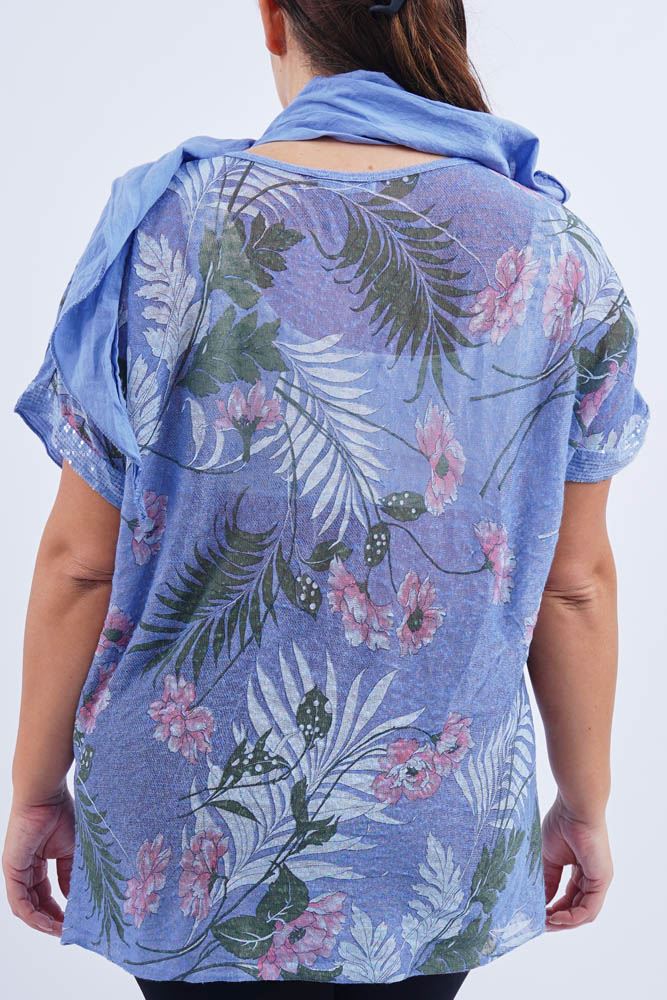 Tropical Flower Print Sequin Trim Hem Scarf Top