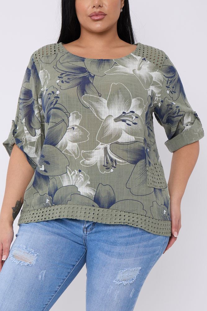Lily Flower Print Cut Work Cotton Top