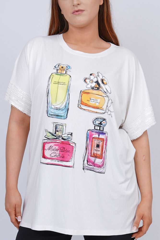 Perfume Print Lace Sleeve Hem Top