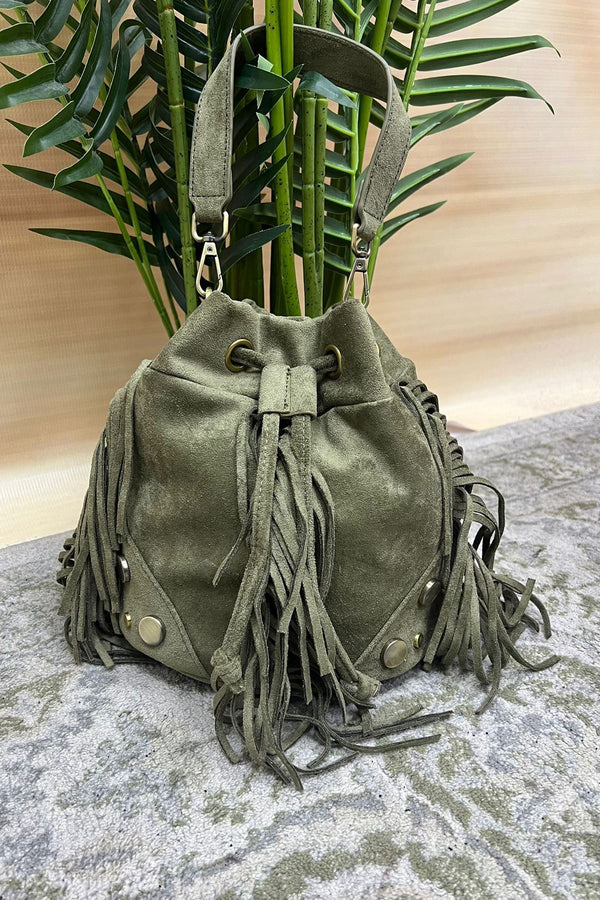 Suede Fringe Bucket Shoulder Bag